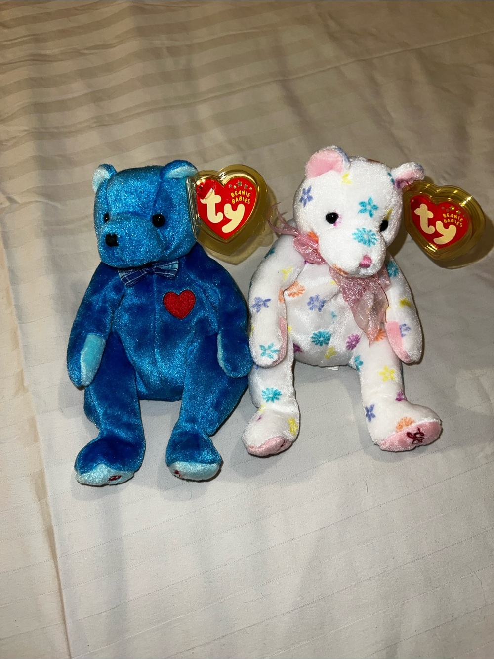 Ty Beanie Bears Pair - Blue Bear with Red Heart & White Floral Star Bear